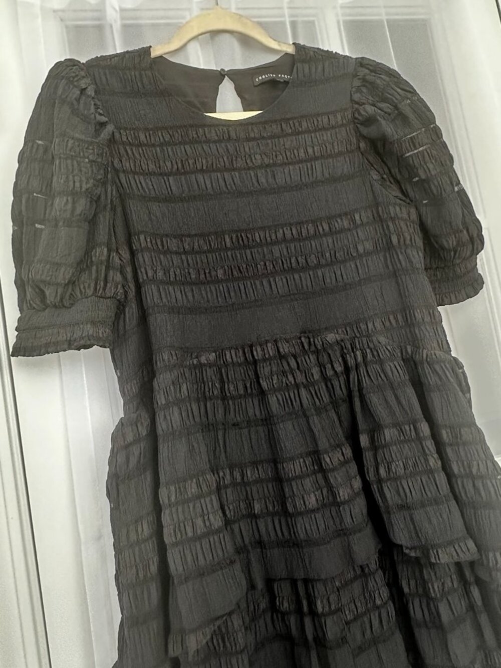 English Factory Black Textured Tiered Puff Sleeve Mini Dress Medium Romantic - Picture 3 of 9